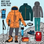 An illustration titled "Must-Have Gear for an Alpine Trek" showcases essential alpine climbing equipment. A figure in an orange jacket holds trekking poles, standing on a rocky surface. Surrounding them are items including a blue hydration pack, a water filter bottle, a red first aid kit, an orange emergency kit, a gray climbing harness, a green puffer jacket, a gray shell jacket with teal pants, and sturdy blue hiking boots. The background features a light blue sky with a stylized mountain outline.