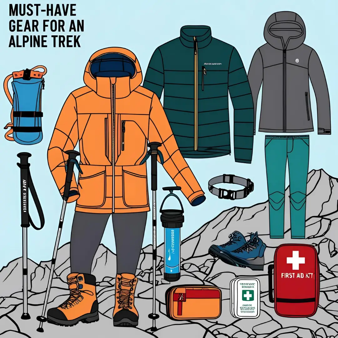 An illustration titled "Must-Have Gear for an Alpine Trek" showcases essential alpine climbing equipment. A figure in an orange jacket holds trekking poles, standing on a rocky surface. Surrounding them are items including a blue hydration pack, a water filter bottle, a red first aid kit, an orange emergency kit, a gray climbing harness, a green puffer jacket, a gray shell jacket with teal pants, and sturdy blue hiking boots. The background features a light blue sky with a stylized mountain outline.