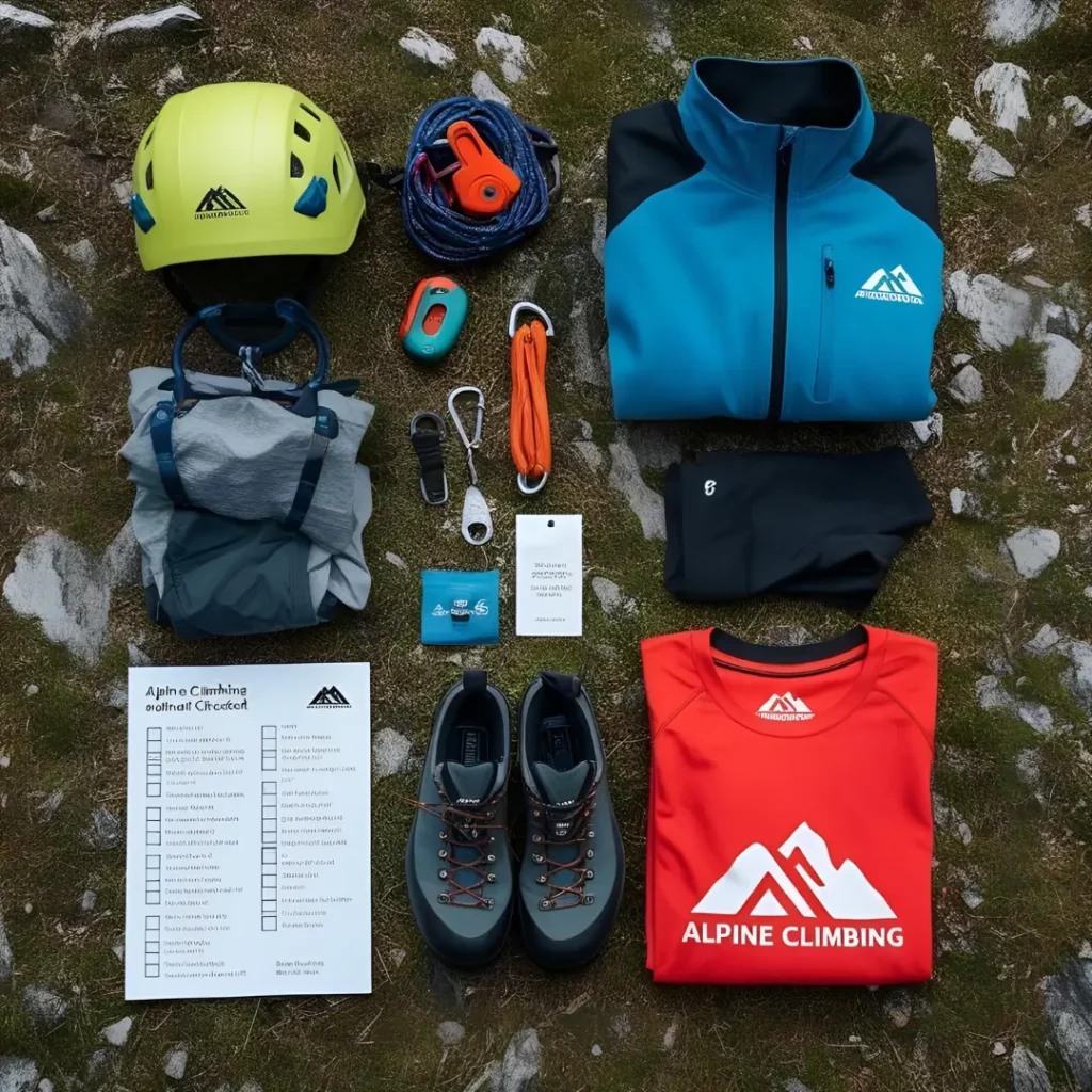 A collection of alpine climbing gear is laid out on a rocky, mossy surface. Items include a yellow helmet, a blue and black jacket, a red "Alpine Climbing" t-shirt, a gray backpack, a pair of gray hiking boots, a coiled blue rope, orange carabiners, a climbing harness, a small green device, a blue pouch, black base layers, and a checklist titled "Alpine Climbing Essential Checklist" in English and Georgian.