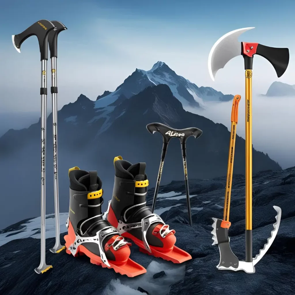 I apologize for the confusion earlier. It seems you’re referring to the photo of alpine climbing gear, which includes trekking poles, ice axes, and boots, set against a mountainous background. Here’s the alt text for that image:A collection of alpine climbing gear is displayed against a backdrop of snow-covered mountains under a blue sky. The gear includes two black ice axes, a pair of black and red mountaineering boots with crampons, two sets of black trekking poles labeled "AltLine," and a yellow-handled ice axe with a serrated pick. The equipment is arranged on a rocky, snowy surface, highlighting essential tools for an alpine trek.