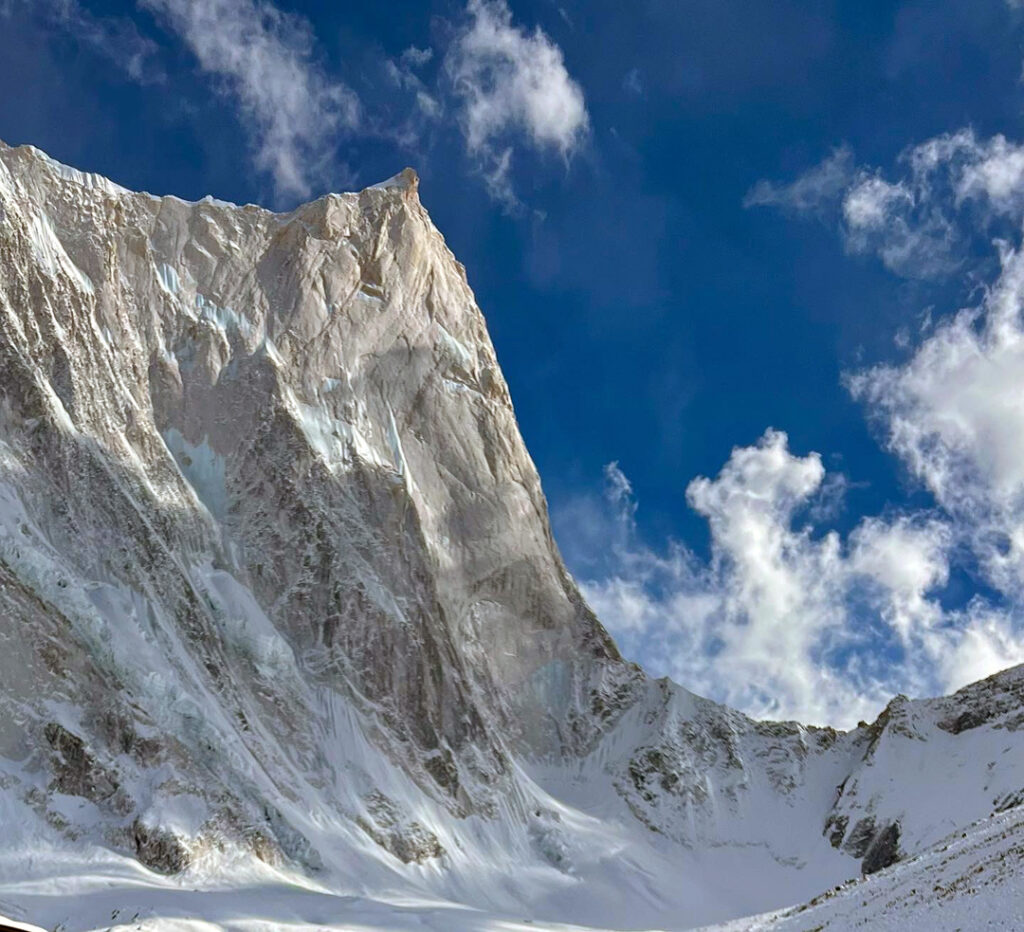 Changabang seen from the Bagini Glacier to the north. The west face route more or less follows the right skyline