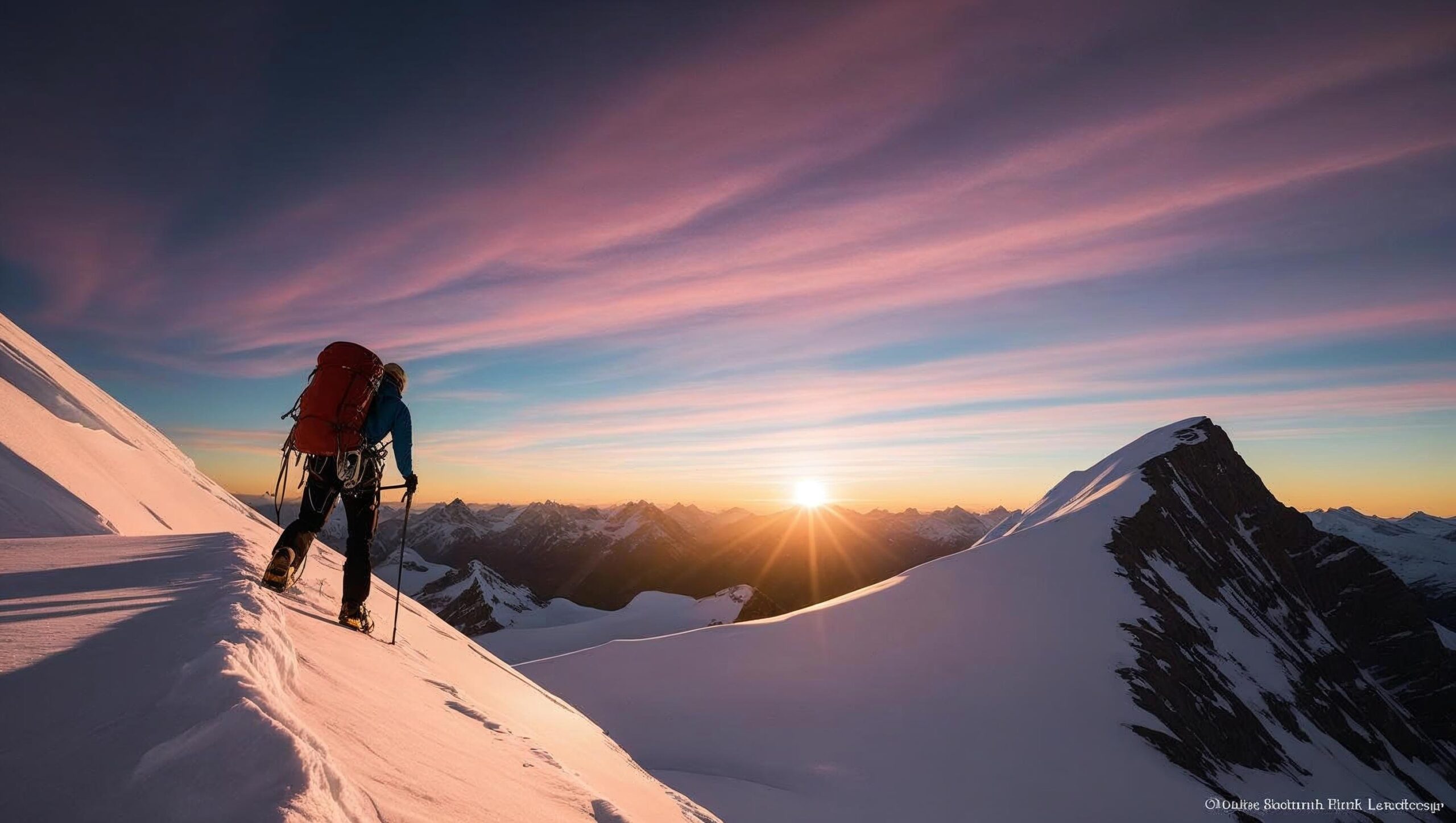 A breathtaking panoramic landscape photograph depicting a climber reaching a mountain summit, showcasing the vastness of the surrounding alpine scenery. The climber, silhouetted against a vibrant sunset, is equipped with mountaineering gear. The image should feature a sharp focus on the climber and a soft, diffused light emanating from the setting sun, casting long shadows across the snow-covered peaks.