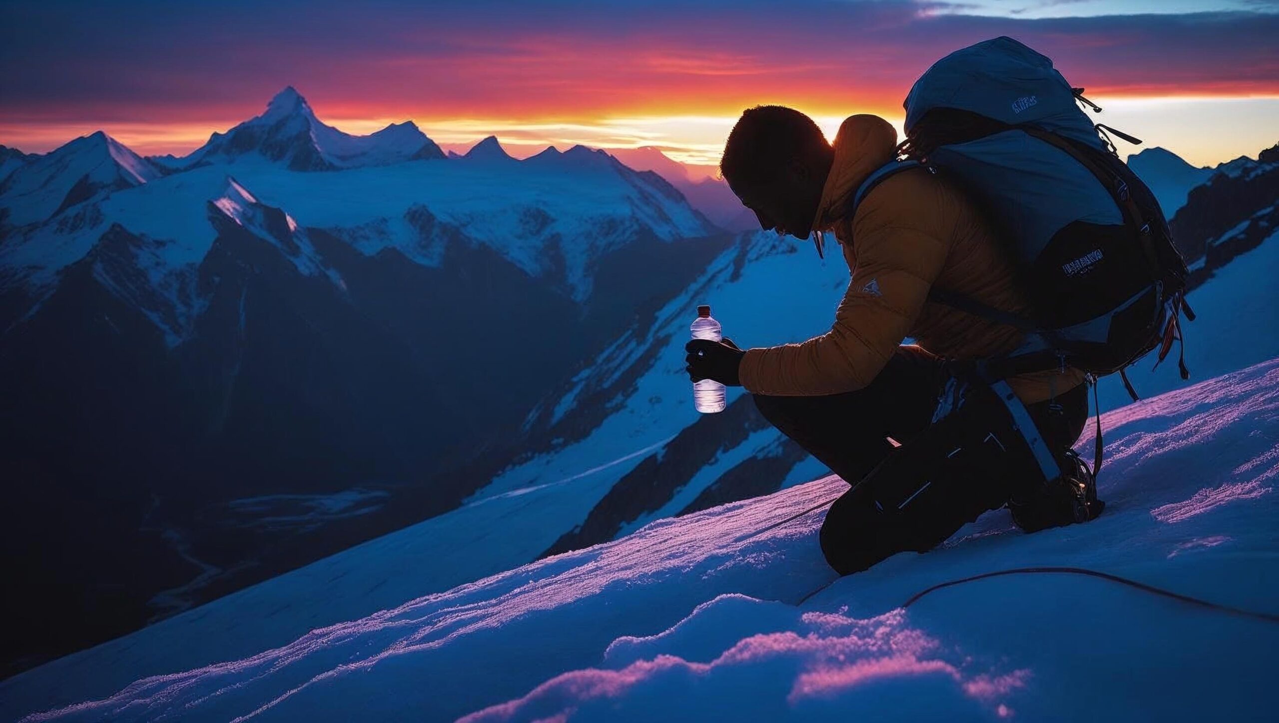 A dramatic, high-contrast image depicting a lone mountaineer, silhouetted against a vibrant sunset on a snow-capped peak, reaching for a water bottle. The scene should emphasize the vastness and harsh beauty of the mountain landscape, with a focus on the climber's determination and vulnerability against the backdrop of a breathtaking alpine vista. The color palette should feature deep blues, oranges, and purples for the sky and snow, with a muted palette for the climber's clothing. The style should be photorealistic, with a shallow depth of field to emphasize the climber. The image should be framed tightly on the climber, using a medium shot.