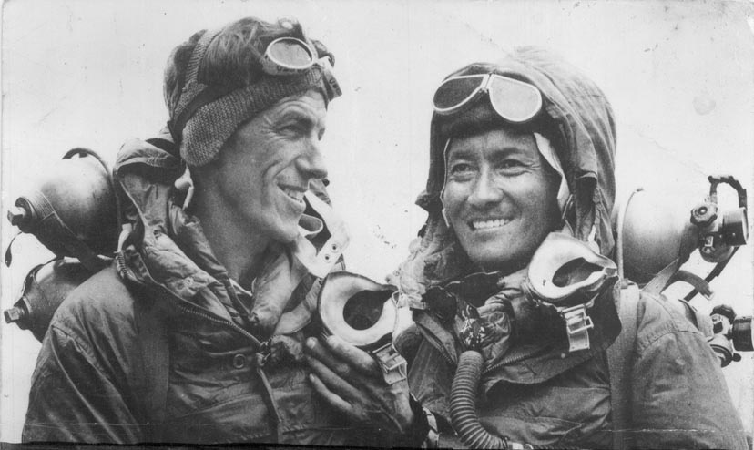 Edmund Hillary (left) and Sherpa Tenzing Norgay reached the 29,035-foot summit of Everest on May 29, 1953, becoming the first people to stand atop the world's highest mountain. Photograph by AP