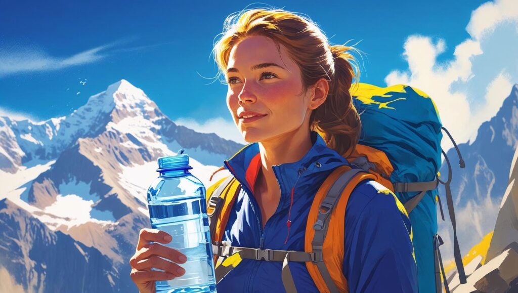 A vibrant, digitally painted illustration depicting a lone hiker at a high-altitude vista, sunlight illuminating their face,  with a clear water bottle in hand. The background features a dramatic, snow-capped mountain range under a bright, blue sky. The overall style is realistic with a touch of vibrancy in the colors, conveying a sense of exhilaration and achievement.  The hiker is dressed in appropriate outdoor gear. The scene is sharply focused, with a shallow depth of field blurring the background. The image should evoke a sense of mental clarity and physical well-being associated with proper hydration during outdoor adventures.