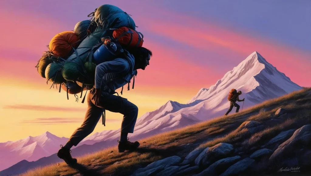 Illustration of two mountain climbers ascending a slope at sunrise. One climber is heavily overpacked with oversized gear, struggling under the weight, while the other carries a modest load and hikes more efficiently toward a snow-covered peak in the distance.