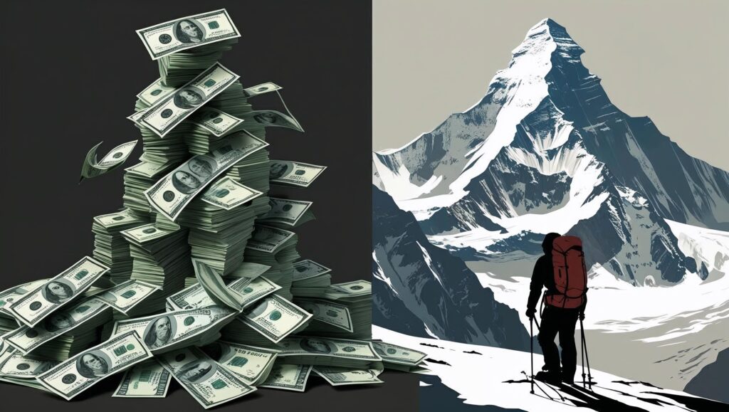 A split-panel illustration depicting the myth "Anyone Can Climb Everest If They Have Enough Money." One side shows a large stack of money, meticulously detailed with various denominations and possibly a slightly aged and worn look to suggest wealth accumulated over time. The other side shows the snow-capped summit of Mount Everest, rendered with sharp detail, showcasing treacherous icy slopes, crevasses, and a clear, crisp sky. The style should be realistic, with a slightly contrasting color palette; warm tones for the money side and cool, icy tones for the Everest side, to emphasize the disparity between the perceived ease of the climb (money) and the harsh reality (Everest). The overall composition should be balanced, visually communicating the misleading nature of the myth.