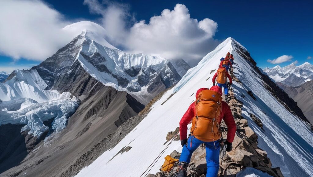 A breathtaking panoramic view of acclimatization in the Himalayas, showcasing climbers ascending a snow-capped peak against a vibrant blue sky, with details of their equipment and the rugged mountain terrain.  The image should be captured in a realistic style, with sharp details and a focus on the vastness of the mountains.