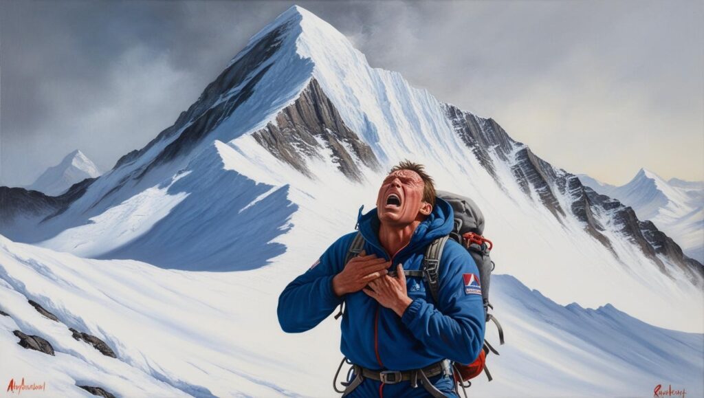 A dramatic, high-altitude landscape painting depicting a mountaineer experiencing altitude sickness, clutching their chest and gasping for breath amidst a stark, snow-covered peak. The style should be realistic, with a focus on the climber's pained expression and the immense scale of the mountain. The color palette should be predominantly cool tones – whites, blues, and grays – with touches of red to highlight the climber's distress. The composition should emphasize the vastness of the mountain and the climber's small, vulnerable figure.
