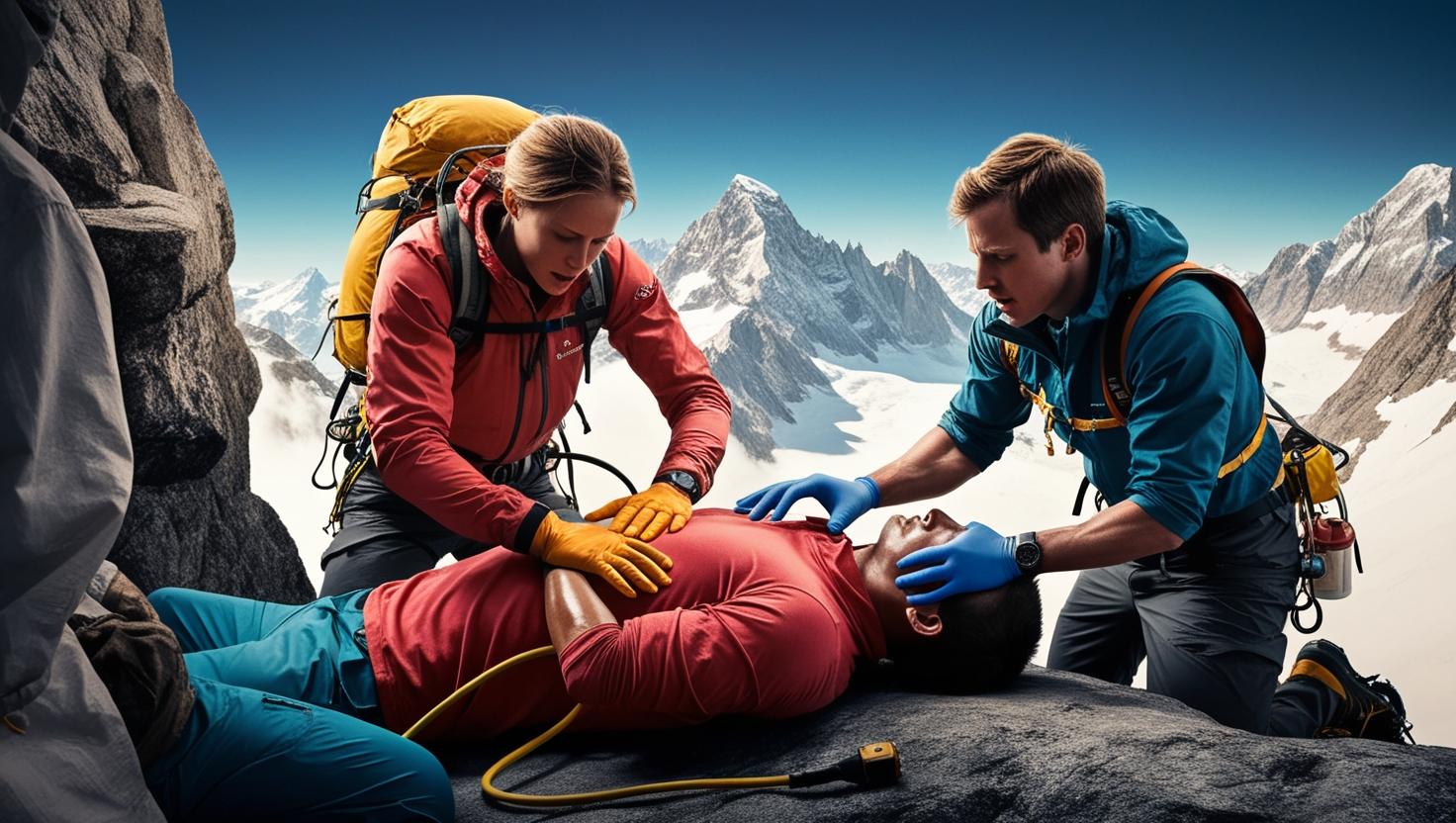 A dramatic, high-altitude landscape painting depicting a mountaineer experiencing altitude sickness, clutching their chest and gasping for breath amidst a stark, snow-covered peak. The style should be realistic, with a focus on the climber's pained expression and the immense scale of the mountain. The color palette should be predominantly cool tones – whites, blues, and grays – with touches of red to highlight the climber's distress. The composition should emphasize the vastness of the mountain and the climber's small, vulnerable figure.
