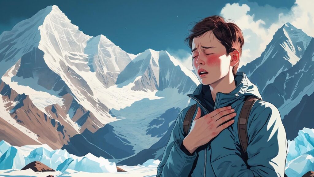 A person experiencing altitude sickness in a majestic mountain range, depicted in a visually appealing style.  The individual, with a pale complexion and slightly flushed cheeks, clutches their chest, appearing breathless against the backdrop of towering, snow-capped peaks.  The lighting is soft and natural, highlighting the dramatic landscape and the person's discomfort.  The overall aesthetic is realistic, emphasizing the raw beauty of the mountains and the human vulnerability in such an environment. The color palette consists of cool blues and whites from the snow and ice, contrasted with warmer tones in the foreground where the individual is situated.