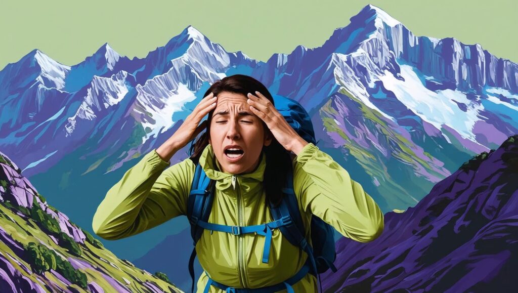 A person experiencing dizziness and nausea while hiking in majestic mountains, rendered in a painterly style with a focus on vibrant greens, blues, and purples, emphasizing the feeling of disorientation and the vastness of the mountain landscape.  The image should be visually appealing with a balanced composition and soft lighting.