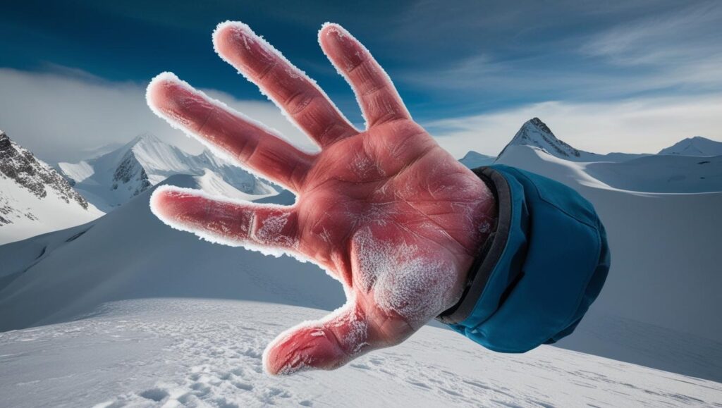 A visually appealing photorealistic depiction of frostbite on a mountaineer's hand, showing the characteristic pale, waxy skin and potential slight swelling, set against the stark backdrop of a snow-covered mountain peak. The lighting should emphasize the texture of the skin and the contrast between the frostbitten area and the healthy skin. The overall color palette should be cool, with whites, blues, and grays dominating. The image should be sharply focused on the hand, with the mountain providing a blurred background. The style should be realistic and evocative of the harsh conditions of mountaineering.