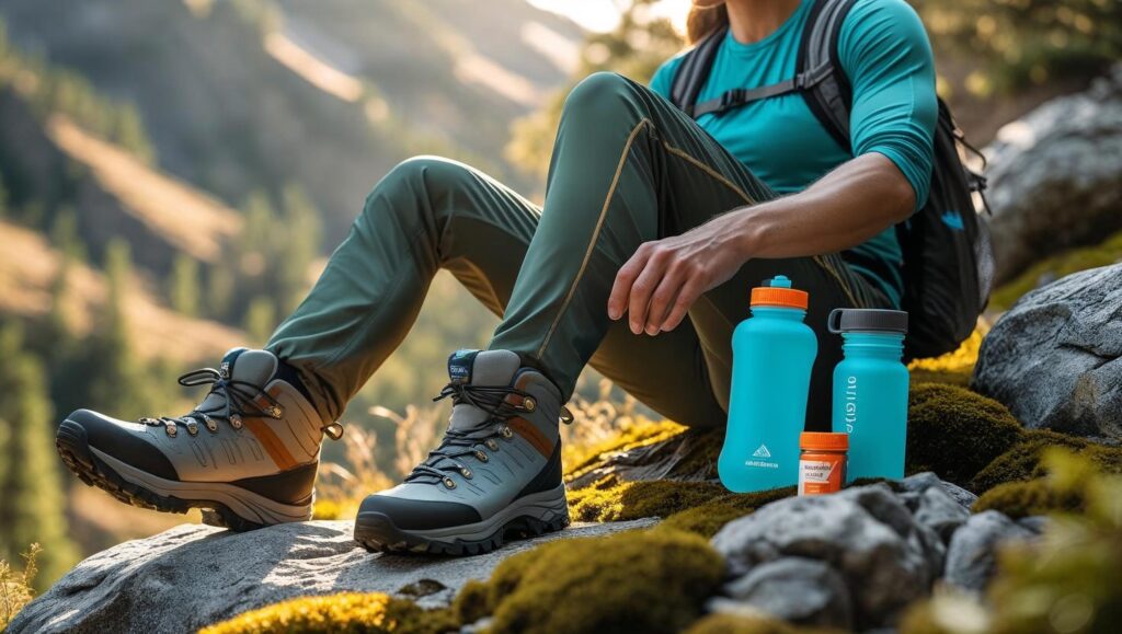 A visually appealing image depicting a hiker taking a break on a mountain trail, with a water bottle and a small container of electrolyte tablets beside them.  The scene should be bright and sunny, with a clear blue sky and lush green mountain scenery in the background. The hiker should be dressed in appropriate outdoor clothing, and the overall style should be realistic and inviting, showcasing the benefits of electrolyte replenishment during outdoor activities.