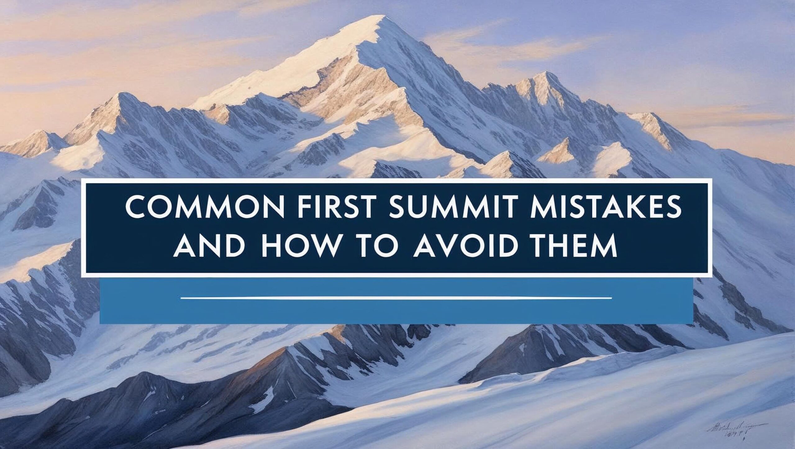 **Alt text:** Snow-covered mountain ridge at sunrise with a dramatic alpine skyline in the background. Text overlay reads: "Common First Summit Mistakes and How to Avoid Them" in bold, uppercase font.