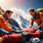 Two mountain rescue climbers in bright orange and blue gear administer first aid to an injured mountaineer lying on rocky terrain in the snowy Alps. The rescuers wear backpacks and gloves, and one appears to be checking the injured person's vitals while the other provides support. Jagged peaks and snow-covered mountains rise in the background under a sunny sky.