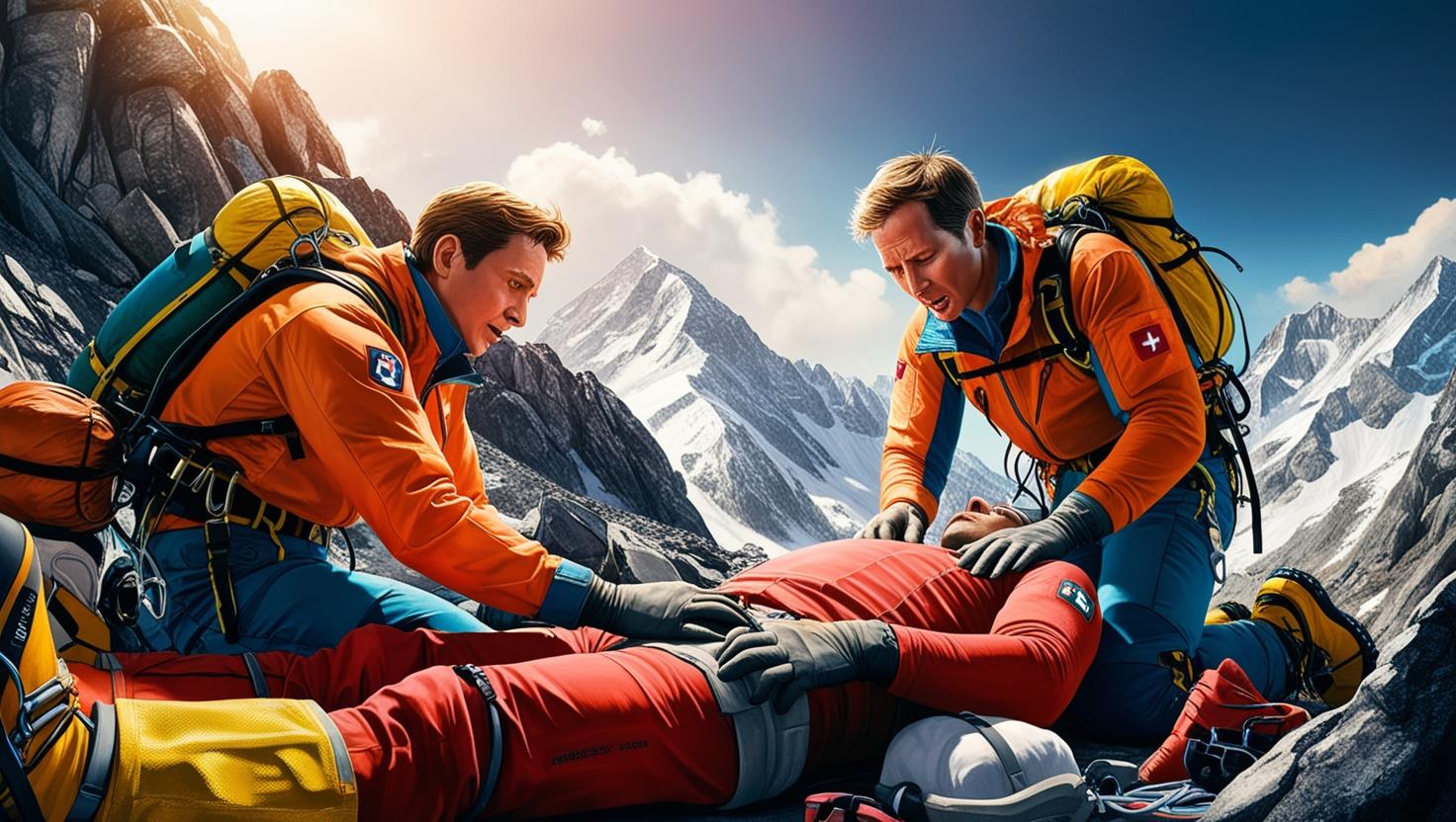 Two mountain rescue climbers in bright orange and blue gear administer first aid to an injured mountaineer lying on rocky terrain in the snowy Alps. The rescuers wear backpacks and gloves, and one appears to be checking the injured person's vitals while the other provides support. Jagged peaks and snow-covered mountains rise in the background under a sunny sky.