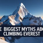 Create a photorealistic image of Mount Everest at sunrise, with a dramatic, snow-capped peak and clear blue sky. Overlay the text "The Biggest Myths About Climbing Everest" in a bold, sans-serif font, positioned centrally at the bottom third of the image. The text should be a deep, contrasting color like navy blue or charcoal gray, with a subtle drop shadow for readability.
