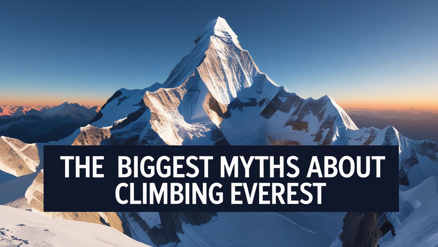 Create a photorealistic image of Mount Everest at sunrise, with a dramatic, snow-capped peak and clear blue sky. Overlay the text "The Biggest Myths About Climbing Everest" in a bold, sans-serif font, positioned centrally at the bottom third of the image. The text should be a deep, contrasting color like navy blue or charcoal gray, with a subtle drop shadow for readability.