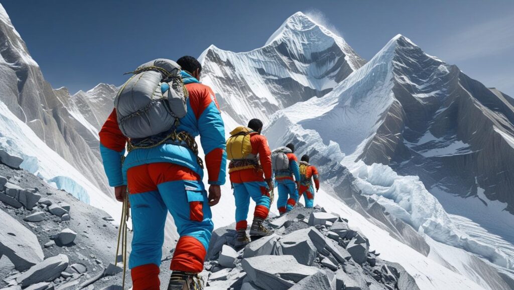 A group of Arabic men, weathered and determined, ascending Mount Everest.  The harsh, high-altitude environment is visible, with snow and ice clinging to rugged peaks.  The men are dressed in brightly colored mountaineering gear, contrasting against the stark white and grey landscape.  A dramatic, realistic style, with a wide-angle shot emphasizing the scale of the mountain and the climbers' small stature against it.