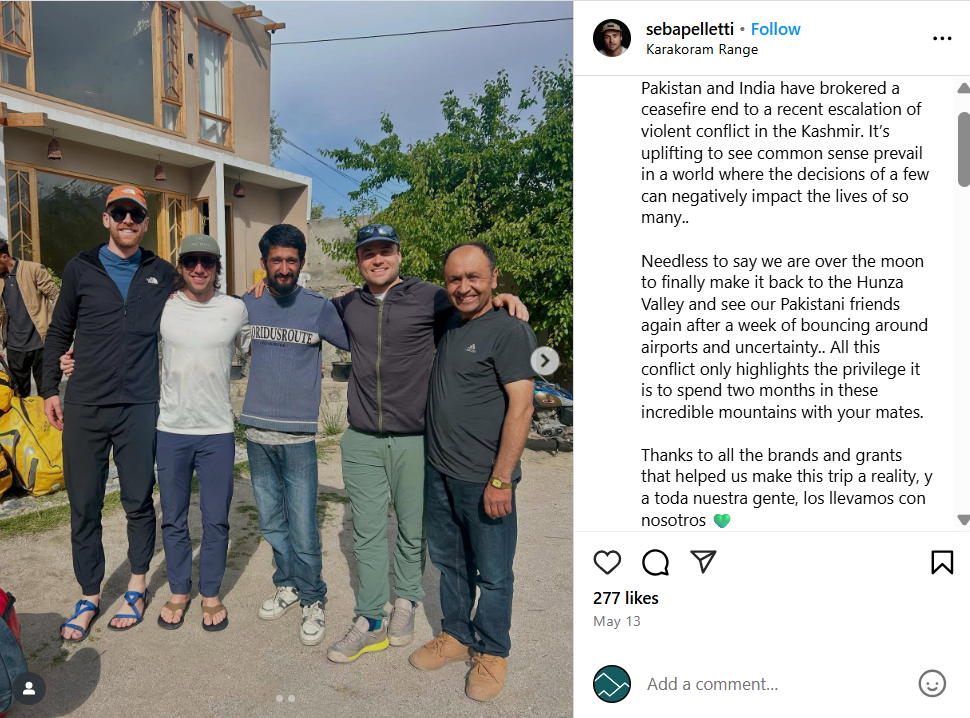 A social media post by 'sebapelletti' celebrating a ceasefire between Pakistan and India in Kashmir, with text expressing relief about returning to the Hunza Valley. The caption mentions gratitude to sponsors and friends, along with 277 likes and a May 13 timestamp. No visible photo—text-only screenshot.