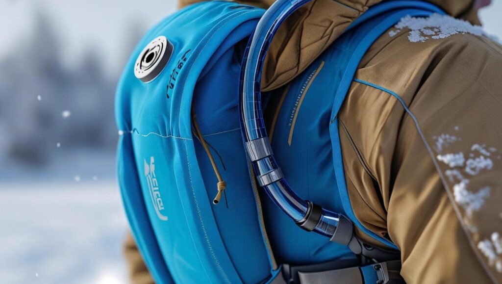 A detailed close-up shot of a person wearing a vibrant blue insulated hydration pack, similar to a Camelbak, with visible tubing and bite valve.  The pack is secured tightly against their back, and a portion of their winter jacket is subtly visible around the pack's edges. The setting is a crisp, snowy winter scene, with the background softly blurred to emphasize the pack.  The overall aesthetic is sharp, realistic, and highly detailed, employing a photorealistic style with a focus on texture and material representation.  The color palette emphasizes cool blues and whites, contrasting with the warm, earthy tones of the jacket. The image is well-lit and features a shallow depth of field.
