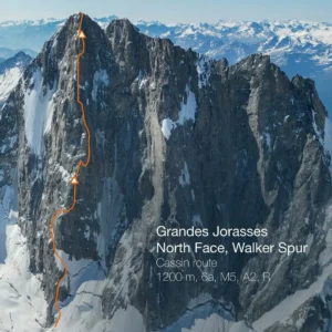 A marked climbing route on the north face of the Grandes Jorasses, showing the line of ascent along the Walker Spur via the Cassin route, with surrounding alpine mountains in the distance