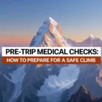 A high-resolution, color image depicting a majestic mountain range at sunrise, suitable as a hero image for a professional mountaineering blog. The headline "Pre-Trip Medical Checks: How to Prepare for a Safe Climb" is prominently displayed in a bold, sans-serif font like Montserrat or Helvetica, centered and positioned slightly off-center to maintain visual balance, with ample negative space surrounding it. The mountains are sharp and detailed, with a clear sky and soft, warm lighting. The overall aesthetic is clean, professional, minimalist, and visually appealing, emphasizing both preparedness and the breathtaking beauty of safe mountaineering. The color palette should consist of deep blues, soft oranges, and crisp whites.