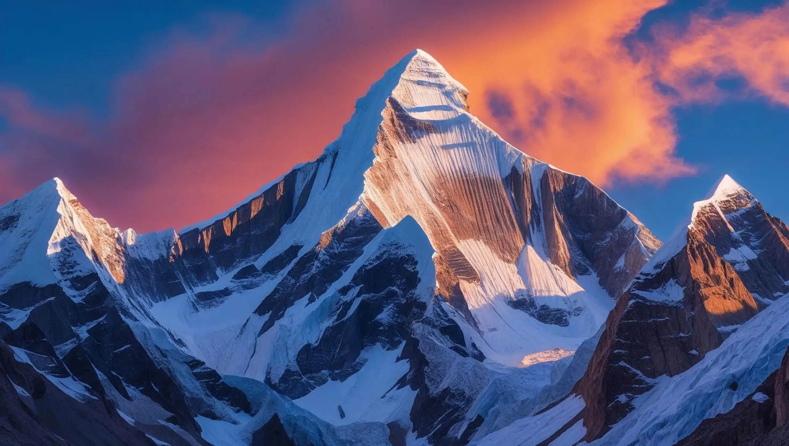 A majestic, detailed photograph of Ama Dablam peak at sunrise, showcasing its dramatic, snow-capped ridges and steep flanks against a vibrant, colorful sky. The image should feature sharp, clear details and a wide-angle perspective, capturing the grandeur and scale of the mountain.