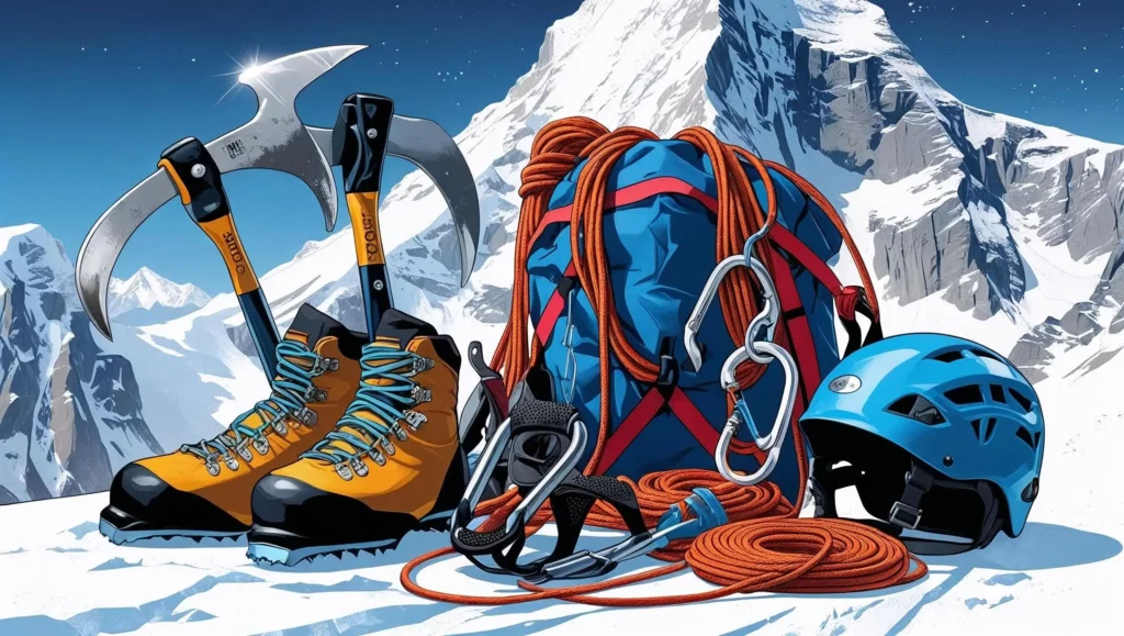 A visually appealing illustration of essential gear and equipment for alpine climbing, including ice axes, crampons, ropes, harnesses, carabiners, and a helmet, depicted in a realistic style with a focus on texture and detail against a backdrop of a snow-capped mountain peak.