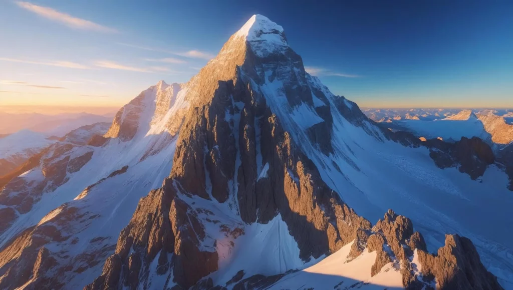 A breathtaking panoramic view of Island Peak, bathed in the golden light of sunrise, showcasing its rugged, snow-capped summit against a vibrant blue sky. The image should be a high-resolution photograph, with sharp details and a wide dynamic range, emphasizing the textures of rock and ice. The overall aesthetic should be awe-inspiring and majestic, employing a realistic style with cinematic lighting and depth of field.