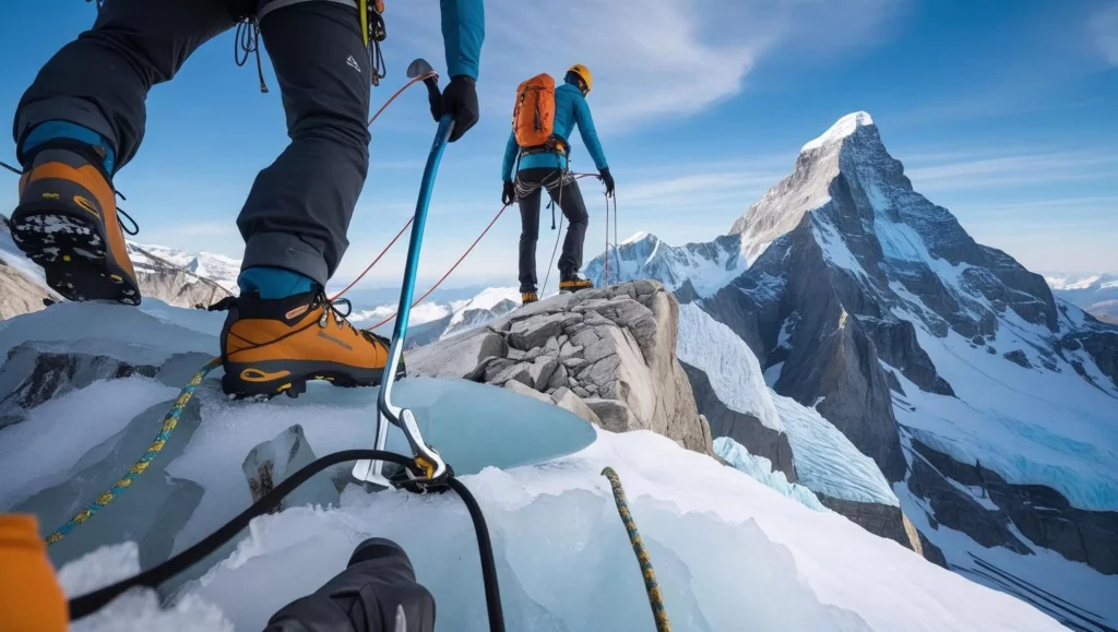 Mastering the Peaks: Essential Tips for Thrilling Alpine Climbing Adventures — a series of vibrant, visually appealing images depicting experienced climbers ascending a snow-capped mountain peak under a dramatic, clear sky. Focus on detailed close-ups of hands gripping ice axes, boots on rocky terrain, and climbers using ropes and safety equipment, emphasizing the challenges and rewards of alpine climbing. Include shots of breathtaking alpine scenery, showcasing majestic peaks, glaciers, and vast, expansive views. Use a style that is both realistic and inspiring, with a focus on conveying a sense of adventure and accomplishment. The images should evoke a feeling of awe and wonder, showcasing the beauty and power of the natural world.