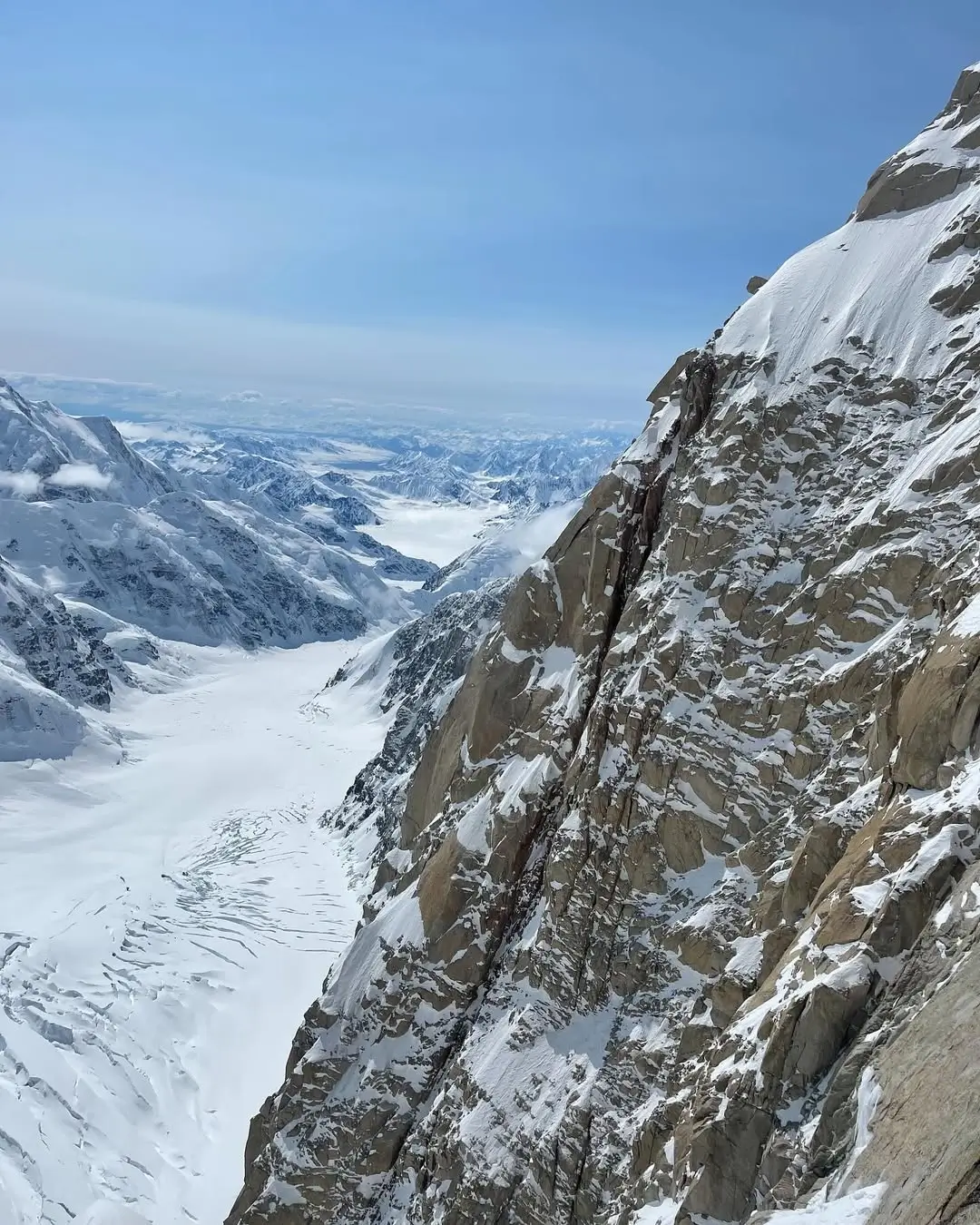 view of ascent of Slovak Direct. Fun times with high pressure on the south face