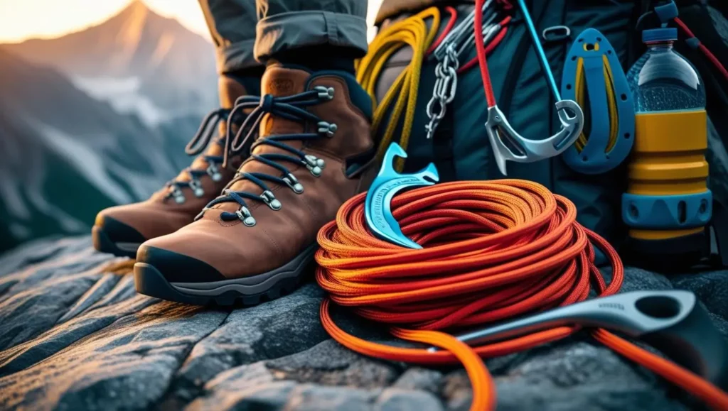 A cinematic concept scene of preparing for a mountain climb:  A close-up on a pair of worn leather hiking boots, meticulously laced, next to a sturdy backpack overflowing with brightly colored climbing gear— ropes coiled neatly, ice axe gleaming, and a water bottle resting atop.  Dynamic composition, cinematic color grading emphasizing warm sunset hues and cool shadows, filmic tones with a slightly desaturated look, shallow depth of field focusing sharply on the gear, high contrast between light and shadow to enhance the dramatic feel.