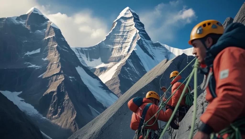 A cinematic concept scene depicting safety tips and emergency protocols on Islan Peak, featuring climbers secured with ropes against a backdrop of dramatic mountain scenery.  Dynamic composition with a shallow depth of field emphasizes the climbers, using cinematic color grading and filmic tones for a high-contrast, realistic and visually engaging image.