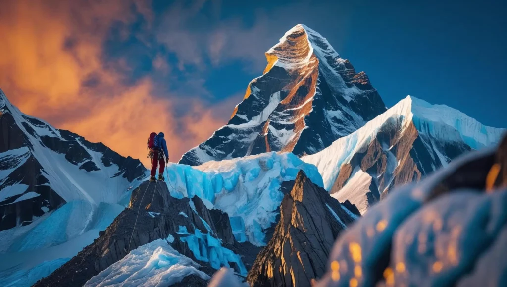 A cinematic concept scene of a climber ascending mountain, captured with a dynamic composition, cinematic color grading emphasizing rich blues and oranges in the sky and snowy peaks, filmic tones with a shallow depth of field for focus on the climber, and high contrast to accentuate the textures of ice and rock.