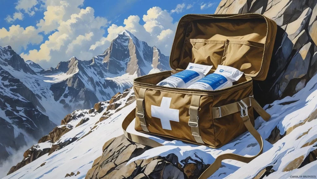 A well-worn, canvas first-aid kit resting on a snow-dusted rock face during a mountain expedition.  The kit is partially open, revealing glimpses of sterile bandages and medical supplies.  The background features a dramatic mountain range under a partly cloudy sky.  Painted in a realistic style with a focus on detail and texture.