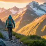 A lone hiker trekking through a majestic mountain range at sunrise. The scene is captured in a visually appealing, cinematic style, with vibrant colors showcasing the golden light illuminating snow-capped peaks and lush green valleys. The hiker, wearing appropriate outdoor gear, is small in scale compared to the vast landscape, emphasizing the grandeur of nature. The image is sharp and detailed, with a shallow depth of field focusing on the hiker.