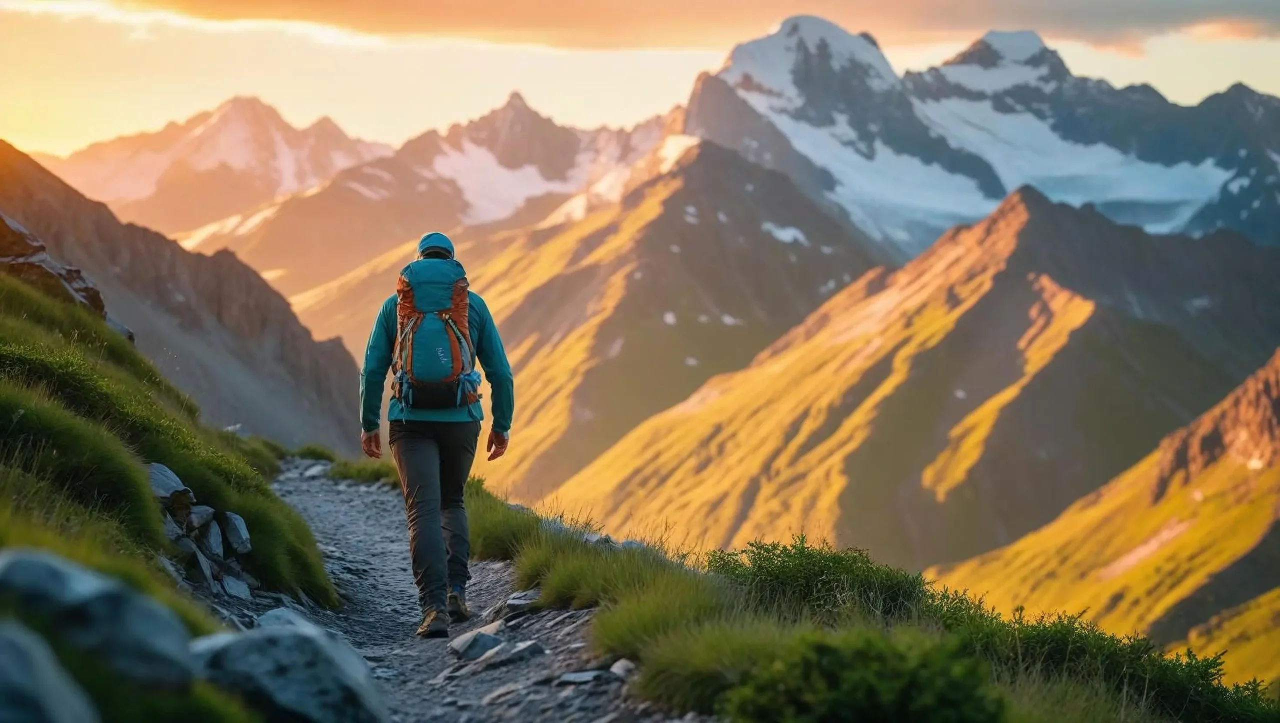 A lone hiker trekking through a majestic mountain range at sunrise. The scene is captured in a visually appealing, cinematic style, with vibrant colors showcasing the golden light illuminating snow-capped peaks and lush green valleys. The hiker, wearing appropriate outdoor gear, is small in scale compared to the vast landscape, emphasizing the grandeur of nature. The image is sharp and detailed, with a shallow depth of field focusing on the hiker.