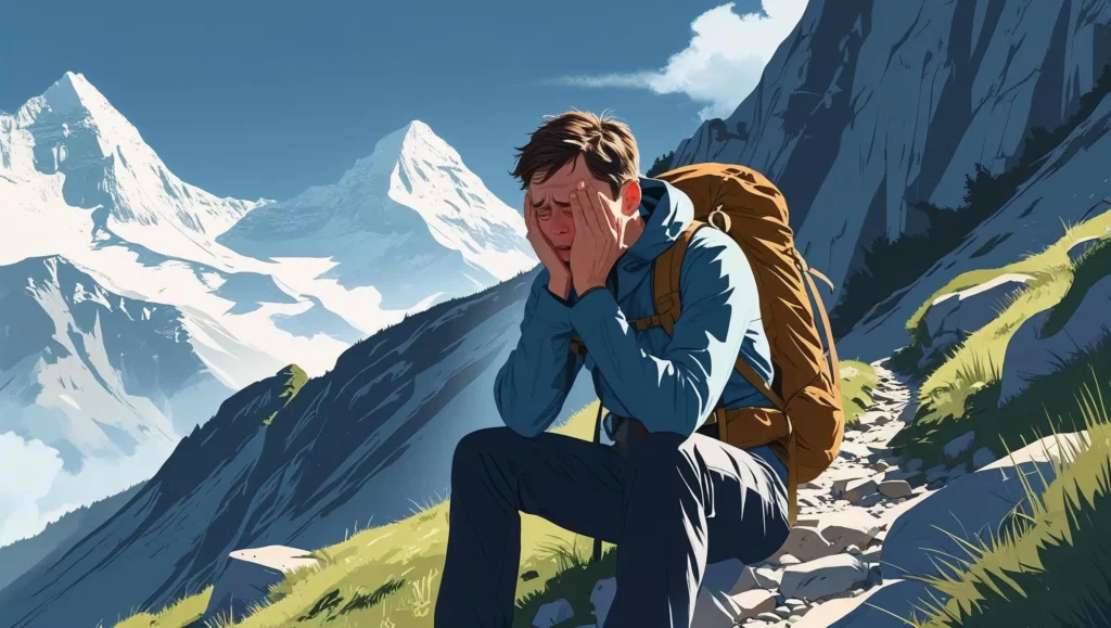 A visually appealing illustration depicting a lone hiker experiencing altitude sickness, showcasing early symptoms like headache or nausea.  The hiker is shown on a mountain trail, possibly looking distressed, with a dramatic but safe mountain backdrop.  The style should be realistic, emphasizing the seriousness of the situation while maintaining a visually compelling composition. The lighting should be natural, highlighting the hiker's expression and the challenging terrain.