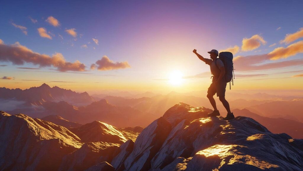 A lone hiker triumphantly summits a majestic mountain peak, bathed in the golden light of sunset.  The scene is rendered in a visually appealing style, showcasing dramatic lighting and a breathtaking panoramic view from the summit. The hiker is silhouetted against the vibrant sky, emphasizing the vastness of the landscape.  The image utilizes a realistic style, focusing on detailed textures of rock and sky.