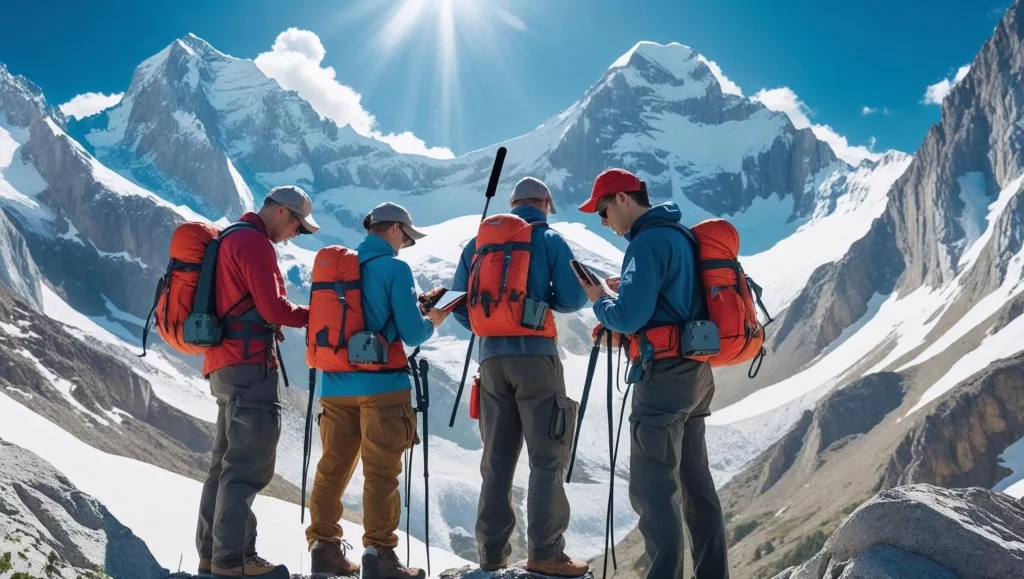 A visually appealing image depicting a group of hikers using emergency communication devices in a majestic mountain range.  The scene is brightly lit by the sun, showcasing a clear blue sky and snow-capped peaks. The hikers are dressed in appropriate outdoor gear, and the devices are clearly visible. The image style is photorealistic, with a focus on sharp details and vibrant colors, utilizing a wide-angle shot to capture the vastness of the landscape.
