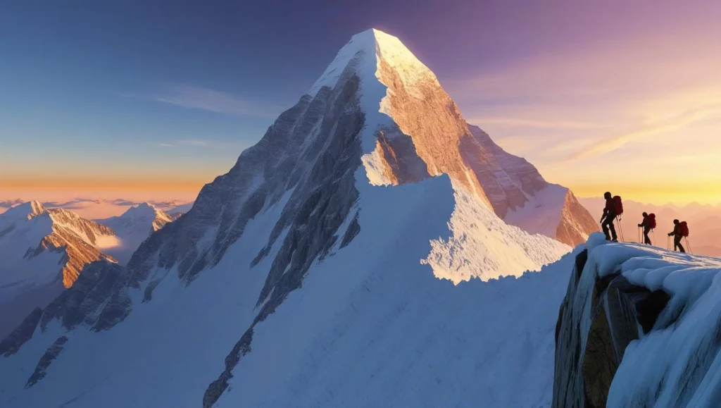 A breathtaking panoramic view of a mountaineering expedition ascending a snow-capped peak, bathed in the golden light of sunrise. The climbers are silhouetted against the vibrant sky, their small figures emphasizing the vastness of the mountain. The style is photorealistic, with sharp details and a high dynamic range, capturing the textures of ice, rock, and snow. The overall aesthetic is one of awe-inspiring adventure and natural beauty.