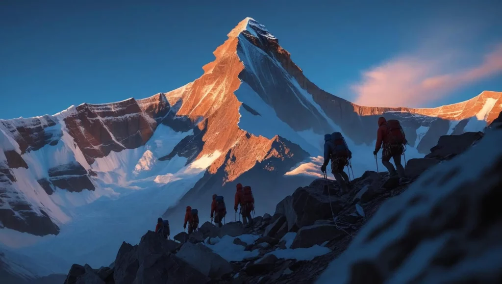 A cinematic concept scene of a mountaineering expedition ascending Ama Dablam, captured with a dynamic composition, cinematic color grading emphasizing rich blues, oranges, and deep shadows, filmic tones with a slightly desaturated look for a realistic feel, shallow depth of field blurring the background, and high contrast to accentuate the rugged terrain and climbers' silhouettes against the sky.  The climbers are equipped with modern mountaineering gear, and the scene focuses on the challenging ascent, emphasizing the scale of the mountain and the climbers' determination.