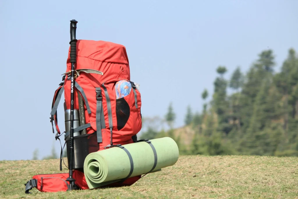 A red backpack with a green rolled sleeping mat and a trekking pole placed on grassy terrain, with a forest and hills in the background under a clear blue sky.