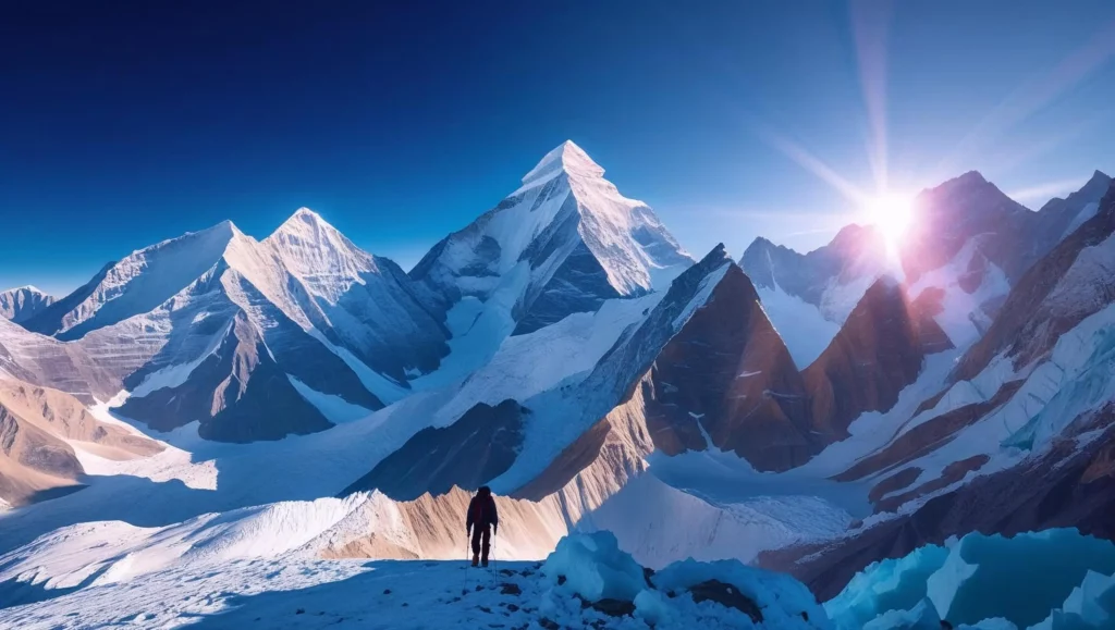A breathtaking panoramic view of a trek on Lobuche East, showcasing the majestic Himalayan peaks under a vibrant, clear sky.  The image should be visually appealing, with a focus on the dramatic landscape, emphasizing the texture of the snow and ice, and the rugged terrain.  Use a cinematic, high-resolution style with rich, saturated colors. The composition should include a sense of depth and scale, featuring a climber silhouetted against the vast mountain range in the distance for a sense of scale.