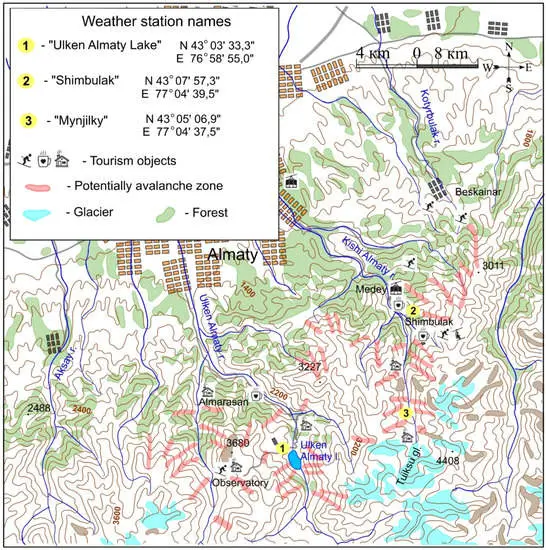 Topographic map of the Almaty region in Kazakhstan showing three weather stations—Ulken Almaty Lake, Shimbulak, and Mynjilky—with their coordinates. The map highlights tourism objects, forested areas (in green), glaciers (in light blue), and potentially avalanche-prone zones (in red). The terrain includes contour lines, rivers, glaciers, and peaks such as 4408m and 3868m. The city of Almaty and landmarks like Medeu and Shymbulak ski resort are marked. A scale bar and compass are included for reference.








