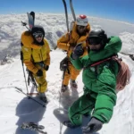 Left to right, Tiphaine du Perier, Boris Langenstein, and David Goettler on the summit of Nanga Parbat