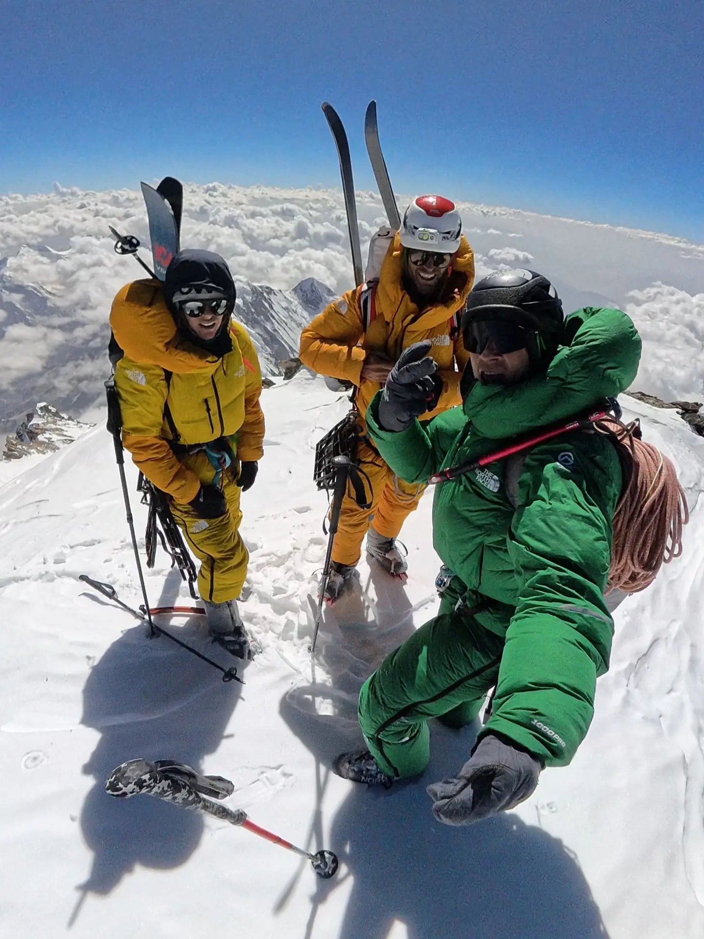 Left to right, Tiphaine du Perier, Boris Langenstein, and David Goettler on the summit of Nanga Parbat