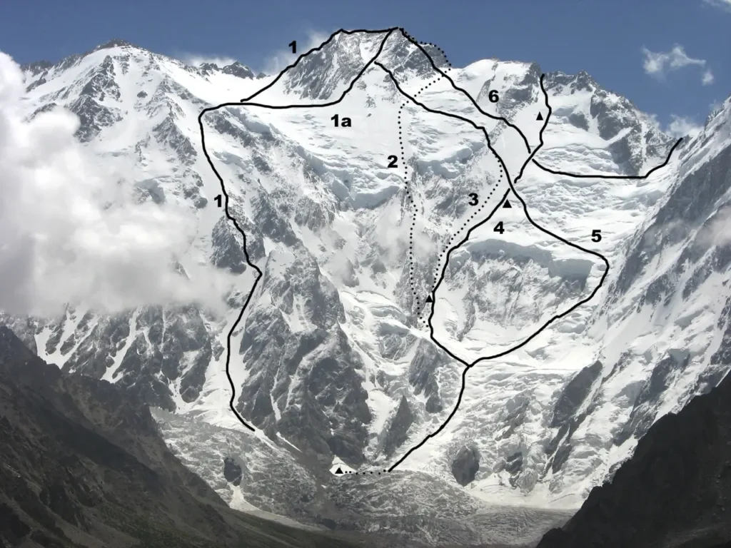 All the routes on Nanga Parbat’s Diamir side, including the three lines used by Reinhold Messner. 
